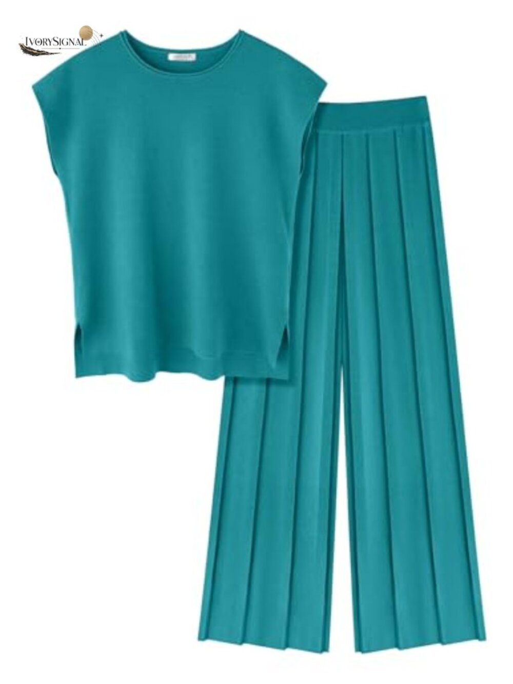 Knit Lounge Set Women 2 Piece Cap Sleeve Top Wide Leg Pleated Pants Sweater Set